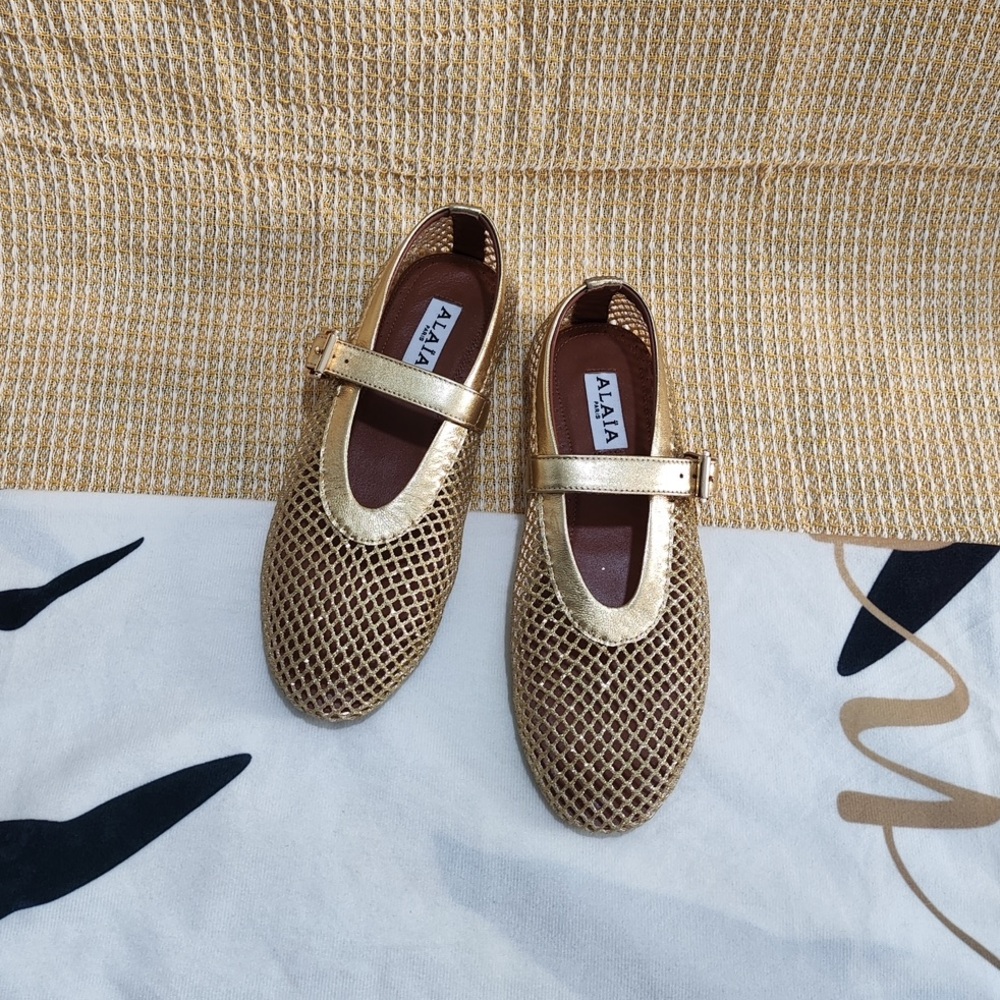 Alaia Gold Metallic Mary Jane Mesh Flats